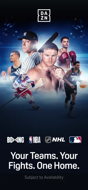 DAZN title card with boxing, NBA, NHL and MLB athletes and the line Your Teams. Your Fights. One Home.