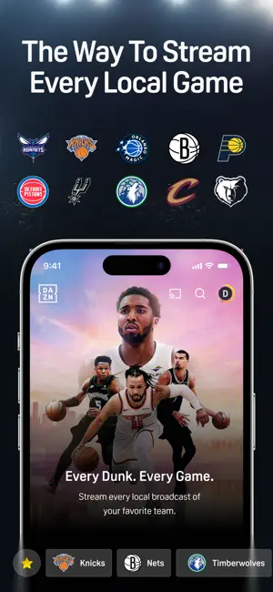 The Way To Stream Every Local Game: a basketball player on the DAZN home screen under NBA team logos