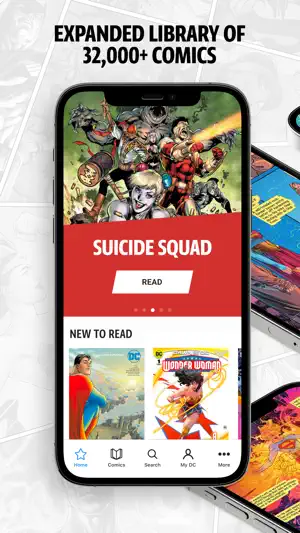 DC Universe Infinite home screen with a Suicide Squad banner, a New to Read row of Superman and Wonder Woman covers, and Home, Comics, Search, My DC and More tabs