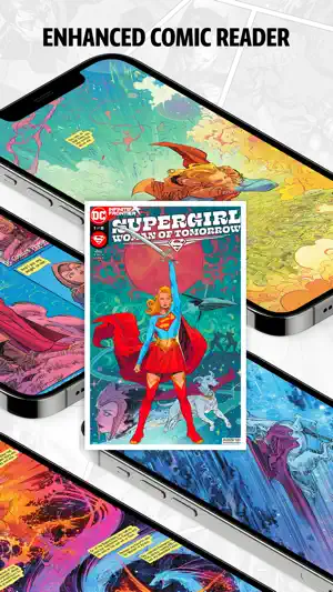 Comic reader promo with the cover of Supergirl: Woman of Tomorrow #1 laid over zoomed-in reader pages