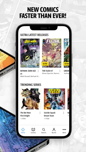 Ultra Latest Releases row with Batman: Dark Age #1 and The Flash #7 tagged Ultra, above Trending Series including The Bat-Man: First Knight