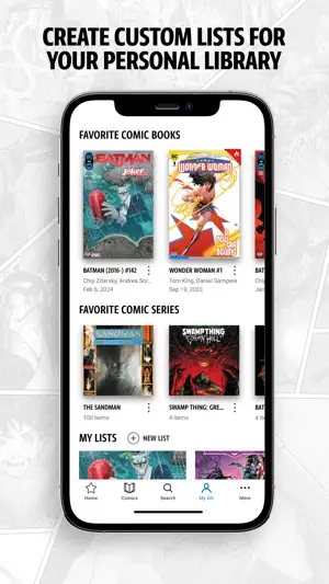 My DC library with favorite issues Batman #142 and Wonder Woman #1, favorite series The Sandman and Swamp Thing, and a New List button