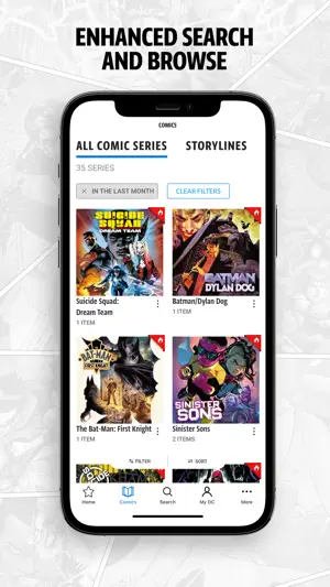 Comics tab filtered to the last month, listing 35 series such as Suicide Squad: Dream Team and Batman/Dylan Dog, with Filter and Sort buttons