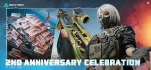 2nd Anniversary Celebration promo: a masked operator with a gold-trimmed rifle and stacks of cash
