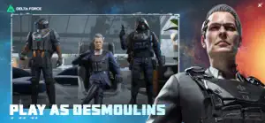 Play as Desmoulins: a squad of operators in black tactical armor on an airfield