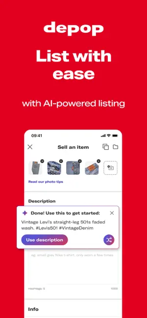 Listing form with an AI-drafted description ready to accept