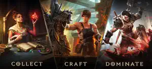 Collecting, crafting and combat shown in three panels