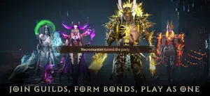 Join Guilds, Form Bonds, Play as One: a party of armored heroes gathered around a glowing gate