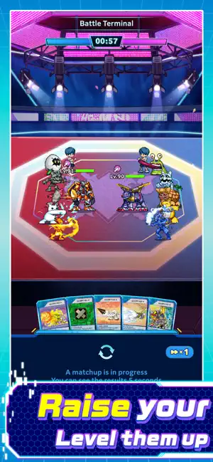 The Battle Terminal arena with two teams of Digimon cards on a hex floor and a 57-second timer, captioned raise your Digimon, level them up