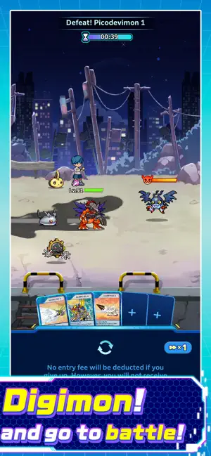 Defeating Picodevimon on a night rooftop with a team of Digimon, captioned and go to battle