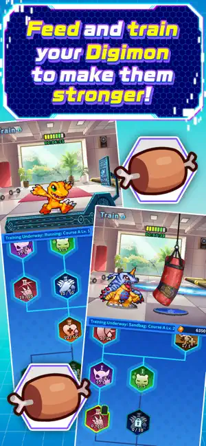A training room with Agumon at a punching bag, meat icons and a hex stat grid, captioned feed and train your Digimon