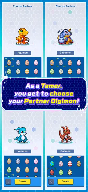The partner-select screen offering Agumon, Gabumon, Veemon and Guilmon with their egg colours, captioned choose your partner Digimon