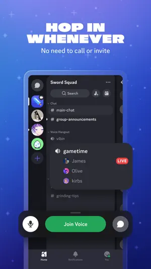 Server sidebar with text channels and a join voice button