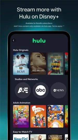 Hulu section inside the app with originals and network shows