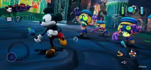 Mickey with his brush raised beside a green-hatted Wasteland character on a cobbled street with touch controls