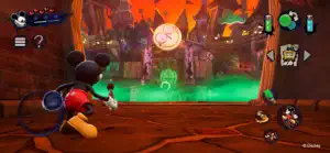 Mickey facing a glowing green stage doorway under orange lanterns in Mean Street