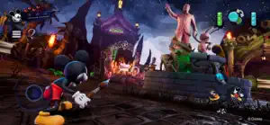 Mickey before a statue of Walt and Mickey at a torch-lit gate