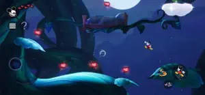 A 2D transition level of a moonlit sea with a ship, clouds and cartoon fish