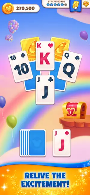 TriPeaks layout of king, queen, jack and 10 cards over face-down cards, with a 270,500-coin balance and Streak Bonus meter