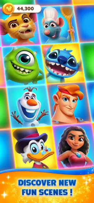 Grid of character portraits including Simba, Remy, Mike Wazowski, Stitch, Olaf, Hercules, Scrooge McDuck and Moana