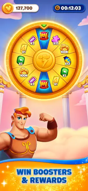Prize wheel with boosters, free plays and 100K-coin rewards beside Hercules, with an event timer counting down