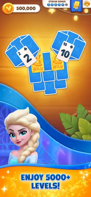 Two-peak card layout with Wild cards in the centre, a 500,000-coin balance and Elsa below the board