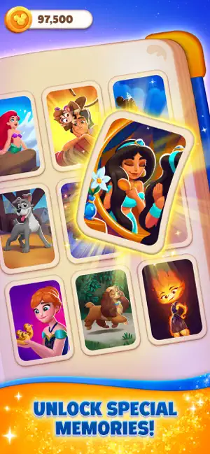 Memory album of collectible cards showing Ariel, Aladdin, Jasmine, Anna, Lady and the Tramp and Ember