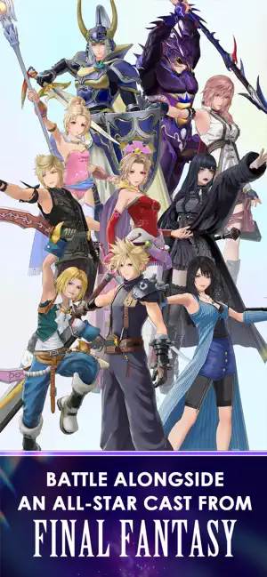 The Final Fantasy roster in a line — Cloud, Lightning, Terra, Tidus and more — captioned battle alongside an all-star cast