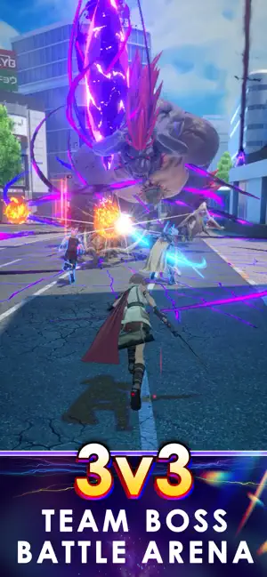 A 3v3 arena fight against a giant boss on a Tokyo street, captioned 3v3 team boss battle arena
