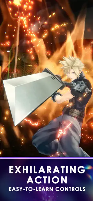 Cloud swinging the Buster Sword through a burst of fire, captioned exhilarating action