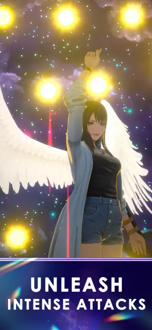 A winged, dark-haired character raising her hand under golden orbs, captioned unleash intense attacks
