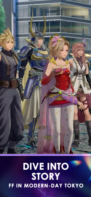 Cloud, the Warrior of Light, Terra and Lightning walking through modern Tokyo, captioned dive into story