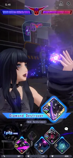 A battle HUD with a Diamond Destroyer ability card and a dark-haired character in close-up