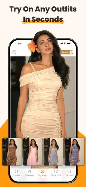Try It On screen with a woman in a beige one-shoulder ruched dress and four alternative dress results above the Trends, Discover, Try It On, Style Lab and Closet tabs