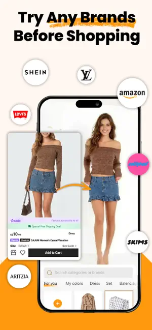 Brown off-shoulder top and denim mini skirt from a shopping listing transferred onto a model, with Shein, Amazon, Levi's and Skims logos around the phone