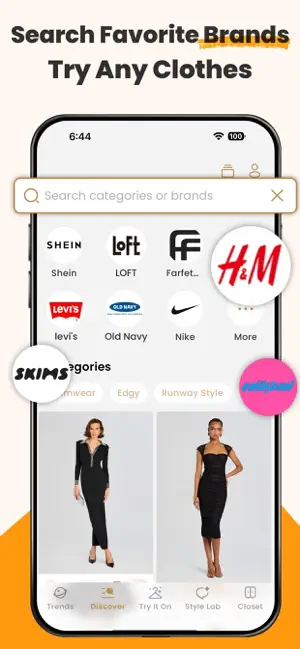 Discover tab with a search bar for categories or brands and shortcuts for Shein, LOFT, Farfetch, Levi's, Old Navy and Nike above black evening dresses