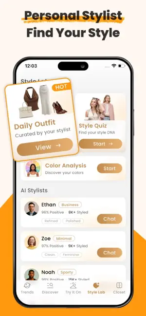Style Lab with Daily Outfit, Style Quiz and Color Analysis cards and AI Stylists Ethan, Zoe and Noah tagged Business, Minimal and Sporty with Chat buttons