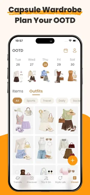 Closet tab with an OOTD calendar for Tuesday 26 to Saturday 30 and a grid of saved outfits filtered by Sports, Travel and Daily