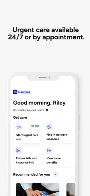 Home screen greeting Riley as covered by Included Health, with a no-cost Start urgent care visit tile, in-network local care, bills and insurance info and more benefits