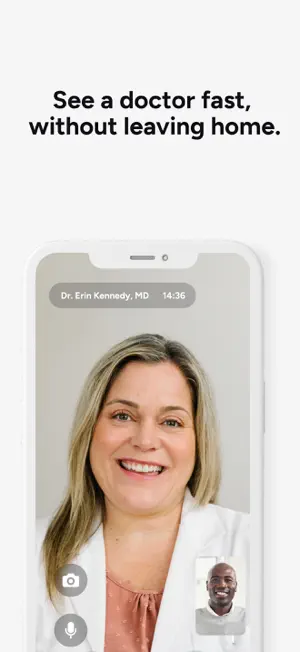 Video visit with Dr. Erin Kennedy, MD at 14:36, the patient in a picture-in-picture window and camera and microphone buttons