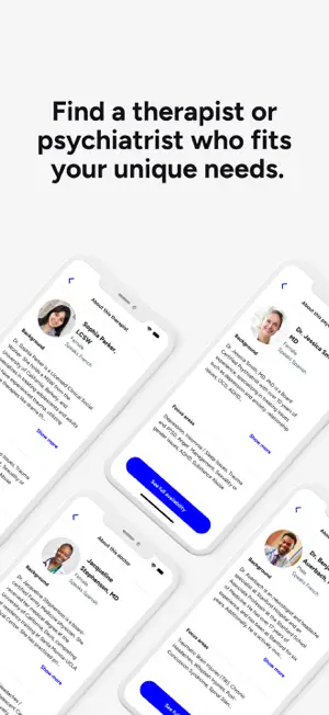 Four therapist and psychiatrist profile cards with background text, focus areas and a See full availability button