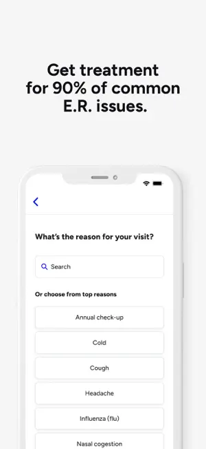 What's the reason for your visit screen with a search box and top reasons such as annual check-up, cold, cough, headache and influenza