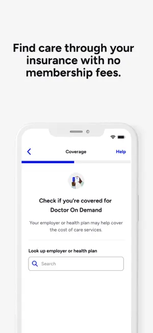 Coverage screen asking to check if you're covered for Doctor On Demand, with a search field to look up an employer or health plan