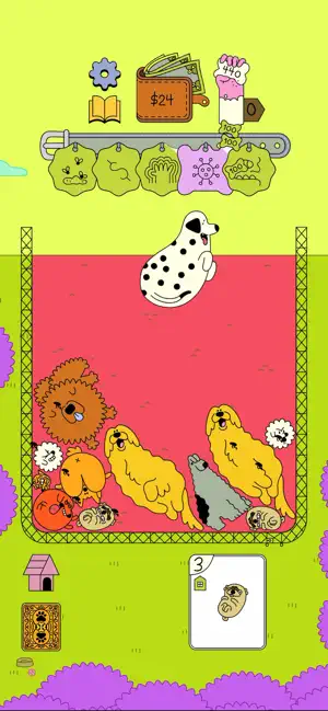 Dogpile pen full of merged yellow and orange dogs with a Dalmatian dropping in, $24 in the wallet