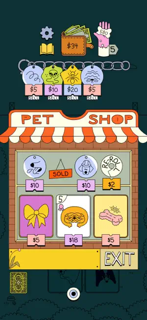Pet Shop screen selling a bow, a fish and a bone with dog cards priced $5 to $18