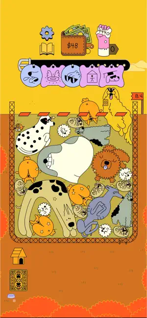 Orange pen crowded with large merged dogs and a Dalmatian, $18 in the wallet