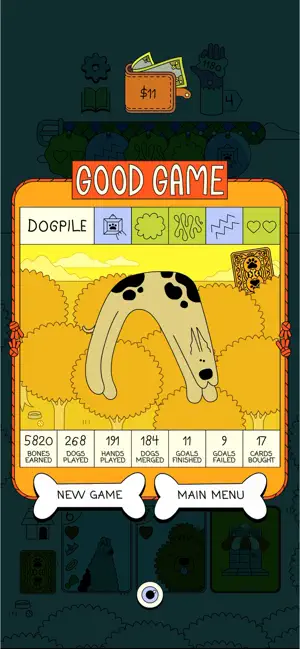 Good Game results card with 5,820 bones earned and 268 hands played