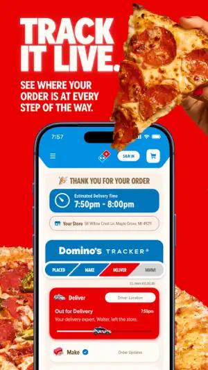 Domino's Tracker screen with a 7:50–8:00 pm delivery estimate, Placed, Make, Deliver and Mmm! stages, and an Out for Delivery card with a Driver Location button