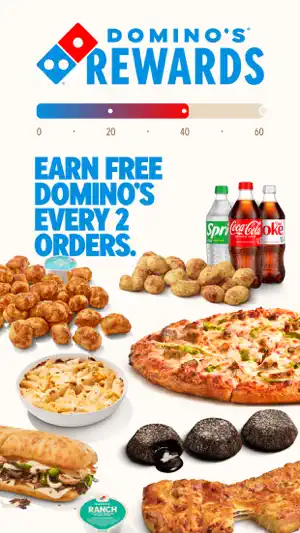 Domino's Rewards banner with a 0 to 60 points bar and the line Earn Free Domino's Every 2 Orders above bread bites, sodas, pasta, a sandwich, lava cakes and a pizza