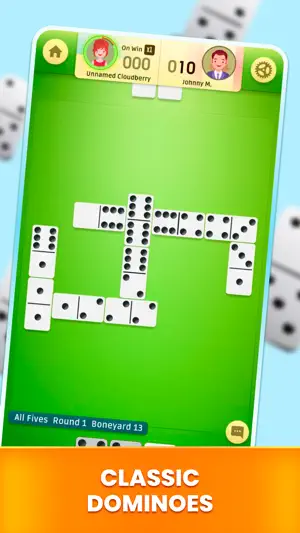 All Fives round 1 on a green felt table, boneyard at 13 tiles, scores 000 and 010